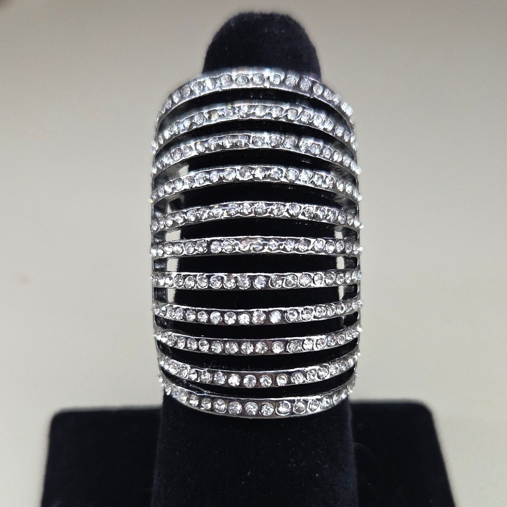 Gunmetal Multi Layer Crystal Pavé Cage Statement Ring Size 8 Ribbed Band 0389